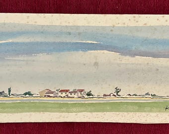 1980s French listed Artist Philippe Deschamps (b.1952 Ars-en-Re) watercolor painting. Landscape of Ile de Ré in Gascony France.