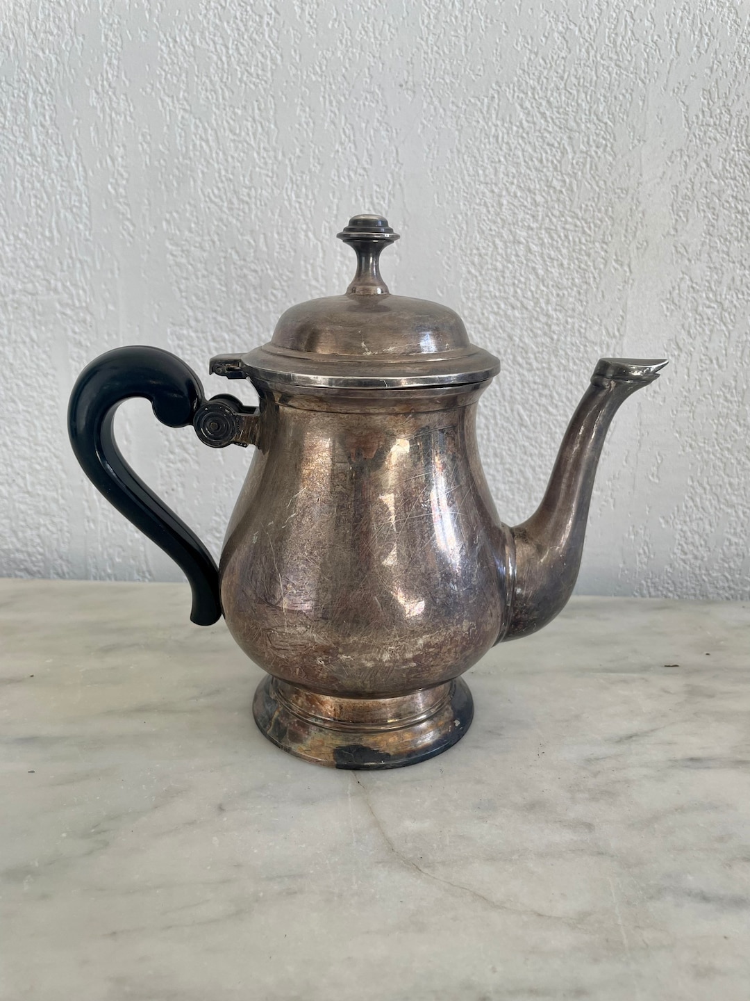 1860s French Antique Pewter Teapot. Thick Heavy Silvered Inside Pewter