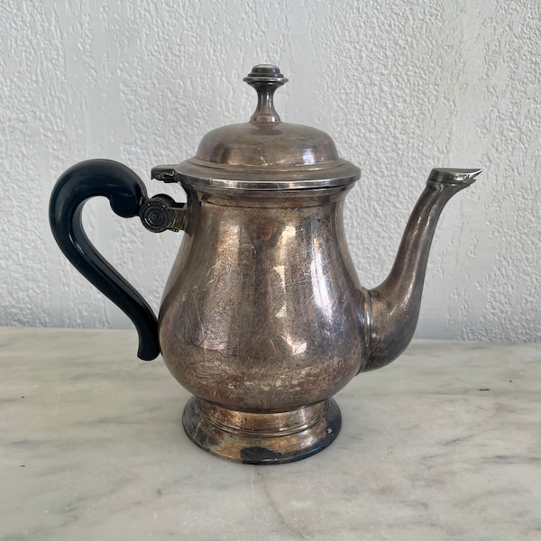 1860s French Antique Pewter teapot. Thick heavy silvered inside pewter.