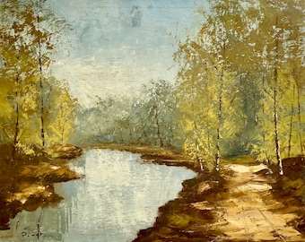 1940s French Oil Painting On canvas. Riverscape in Northern France.