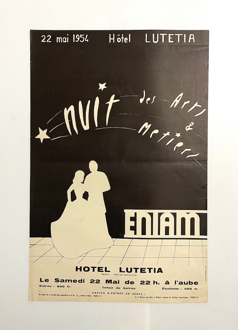 1950s French Vintage advertising poster for a bal. Annual bal of the night shops of Arts et Métiers at the Hotel Lutetia in Paris. May 22 1954