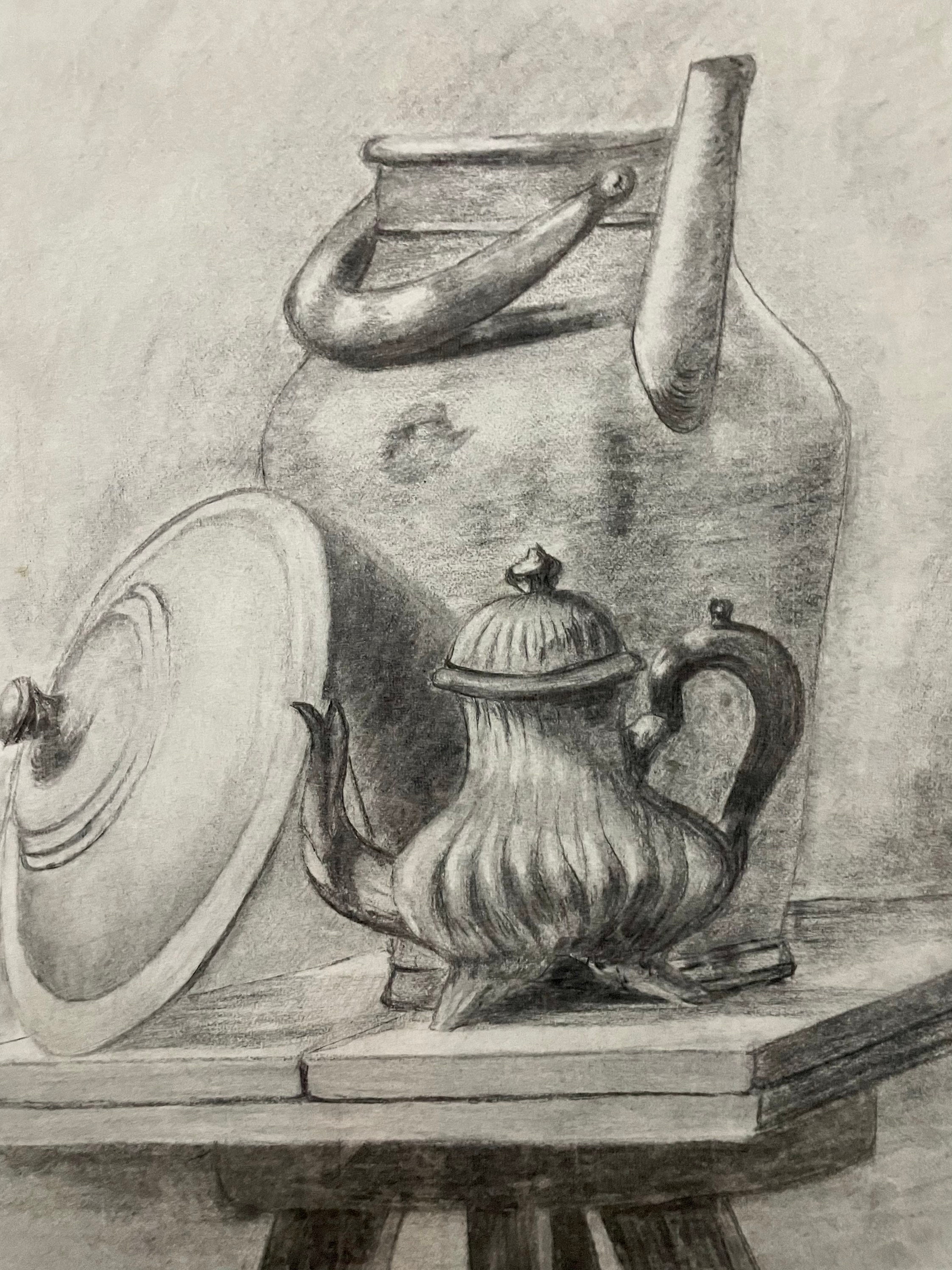 1890s French Antique Pencil Drawing on Paper. Still Life With Jug