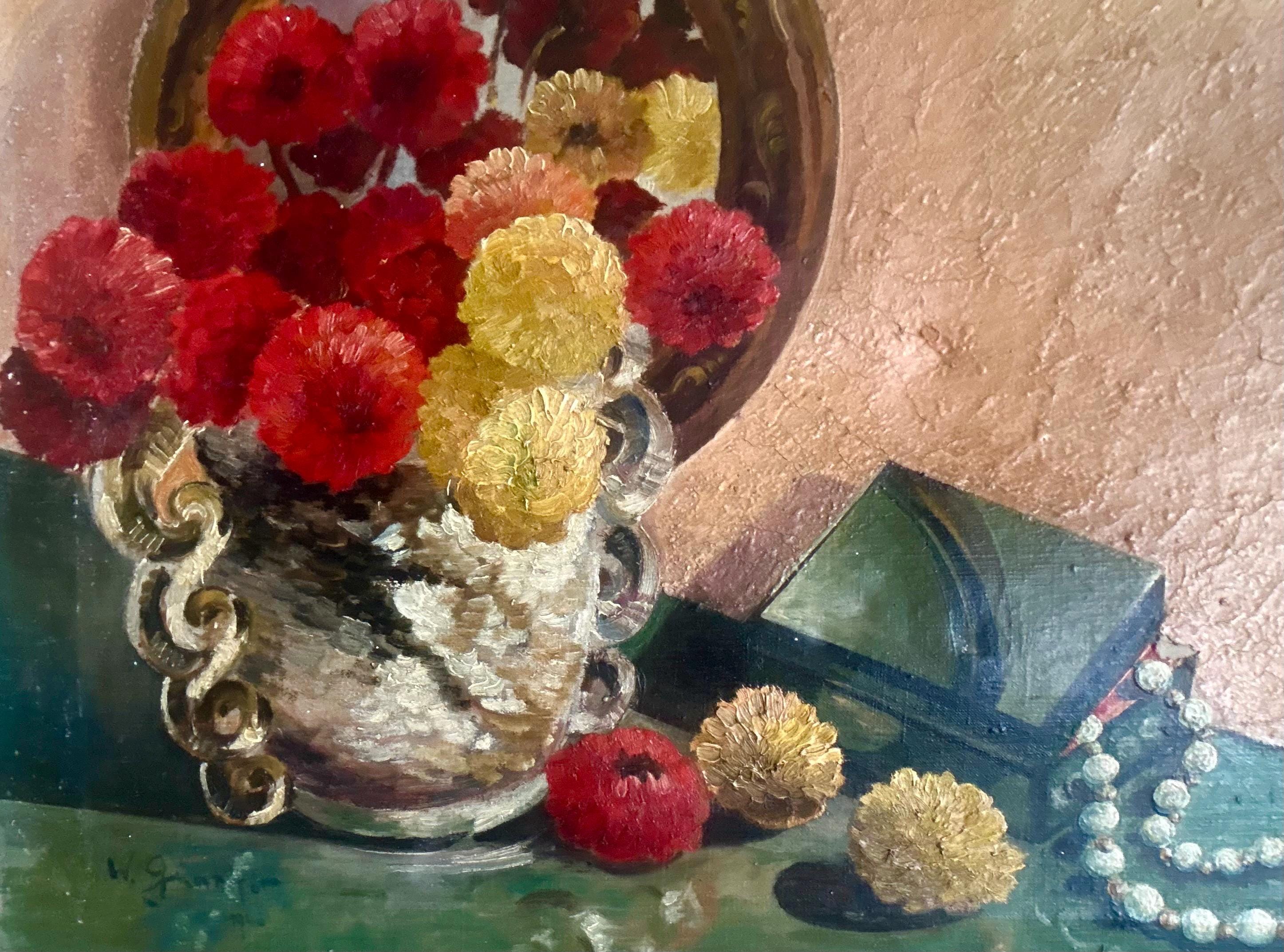 1940年代のフランスの油絵、静物画、赤、黄色の花、鏡、宝石、シャビー