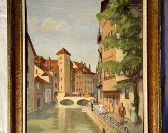 Pintura al óleo francesa de los años 40 sobre madera. paisaje urbano