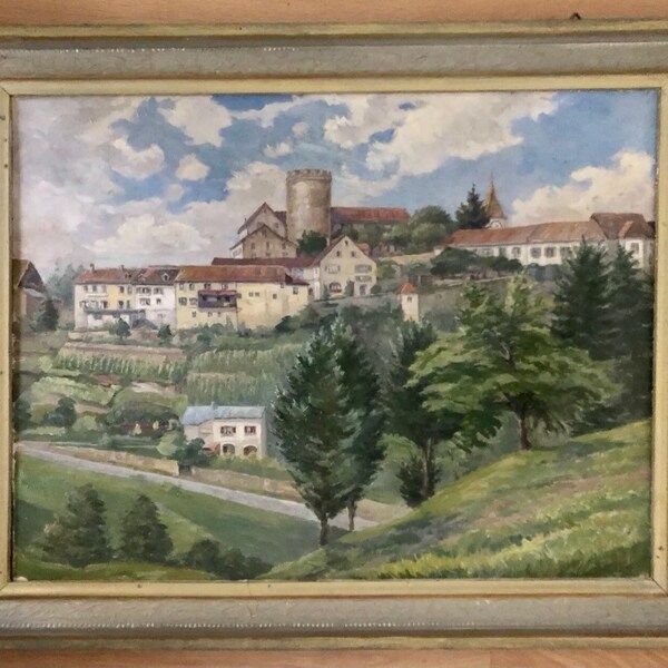 1930s French oil painting on panel ( French antique oil painting). Village view in Provence. Southern France