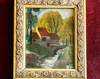 1930s French oil painting on panel. Barbizon School Farmhouse in France. Bridge,Autumn leaves and stream. Cottage decor. Country living Fall