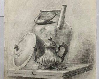 Dessiner l’Antique 1890s French Antique Pencil Drawing on Paper. Still Life With Jug