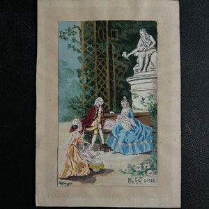 Pittura a guazzo francese shabby chic degli anni '30 su carta. Una giornata in giardino. Illustrazione originale.