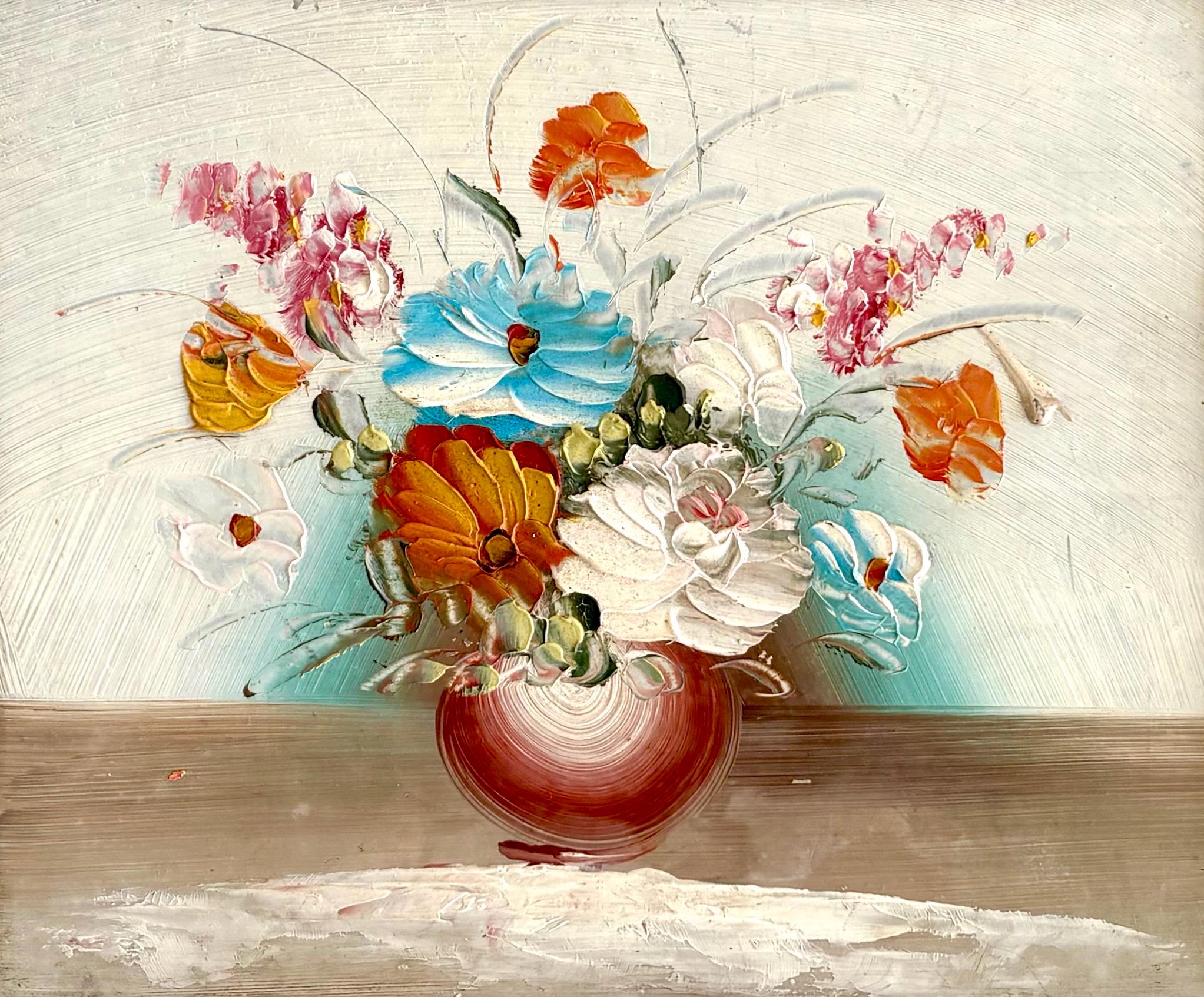 1940 年代のフランスの油絵。ミックスフラワーの入った花瓶。花の