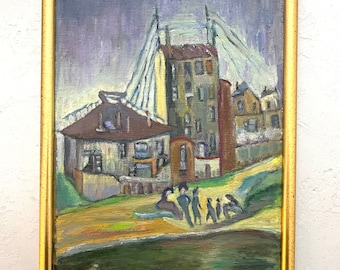 1940s French oil painting on canvas cutout. Fisherman and women in the beach
