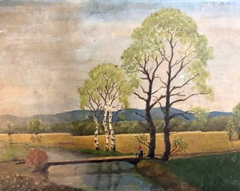 1940s French oil painting on cardboard