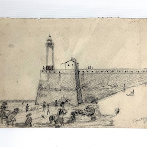 Disegno a grafite su carta, francese, anni '30. Spiaggia, faro e bagnanti
