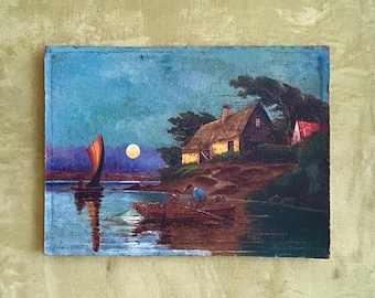 1920s French Naive art oil painting - Moonlit coastal scene with fishermen & cottage - antique seascape on panel. Seaside beach house decor.