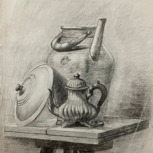 Disegno antico francese a matita su carta, anni 1890. Natura morta con brocca e teiera