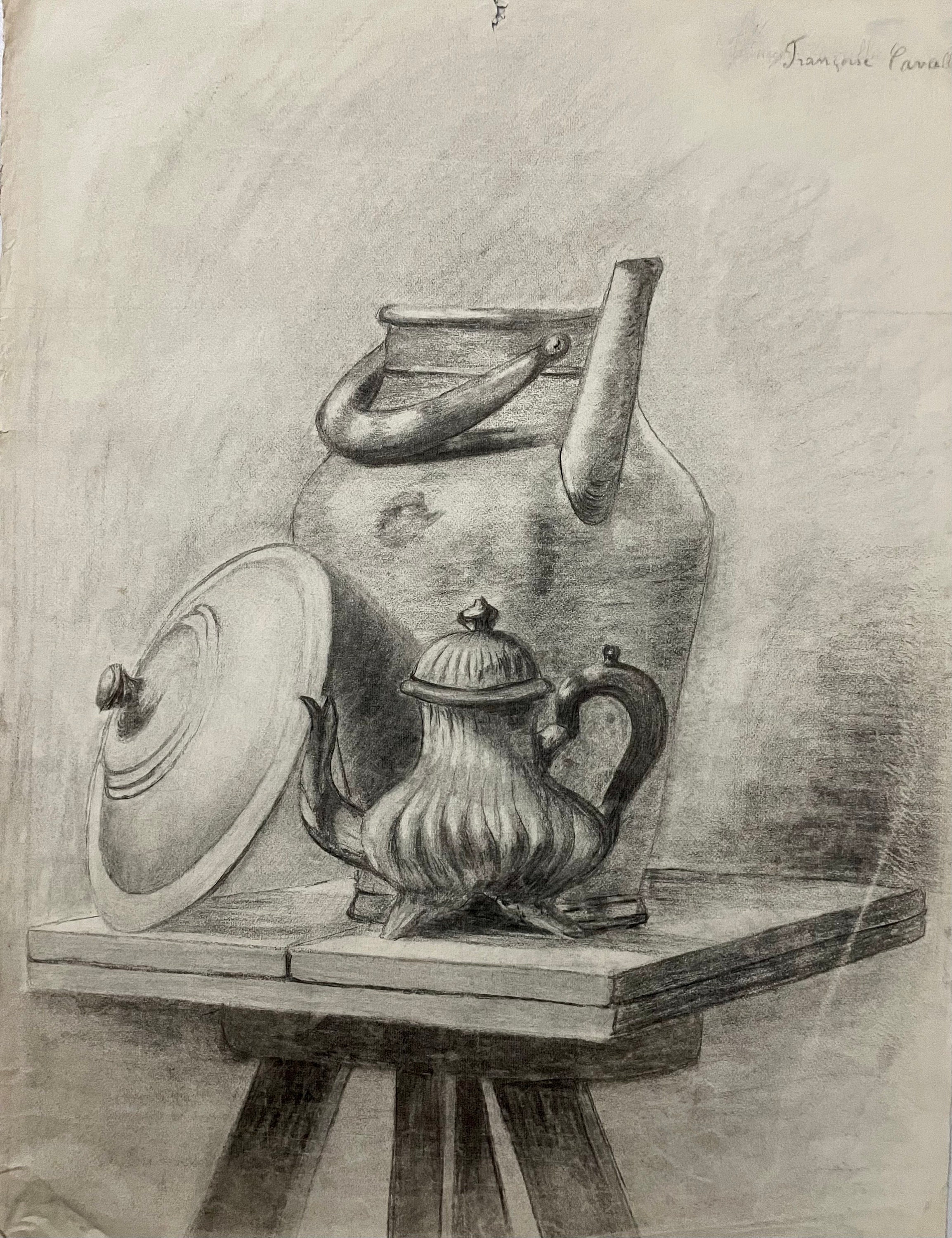 1890s French Antique Pencil Drawing on Paper. Still Life With Jug