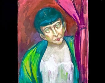 1940s French Antique Oil painting on thick paper. Parisian woman with dark  hair and green robe. 40s fashion. Listed Artist Jean Perret
