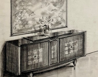 1930s French modernist furniture Interior design Architecture study.Graphite drawing on mylar paper.