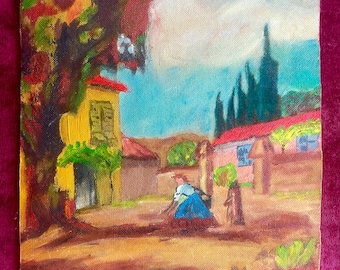1930s French Folk Art oil Painting on panel. Peasant and Village in Provence. Southern France. Primitive. Naive. Landscape. Farmhouse decor.