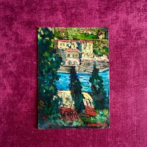 Pinturas a óleo sobre papelão do mestre fauvista francês Jean Roger (n. 1924), da década de 1940. Paisagem marinha da Riviera Francesa. Casa à beira-mar. Decoração de casa à beira-mar.