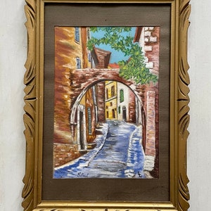 1920s French pastel painting on paper. Street in Saint Paul de Vence. French Riviera.