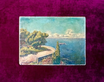 Pintura marina impresionista francesa de la década de 1940 - Vista de la terraza del jardín de la Riviera - Óleo vintage sobre tabla - Decoración de casa de playa - Estilo de casa costera