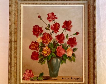 1970s French Listed Artist Xavier Piezzoli (900s) Vintage oil painting on canvas. Still life. Vase with roses.