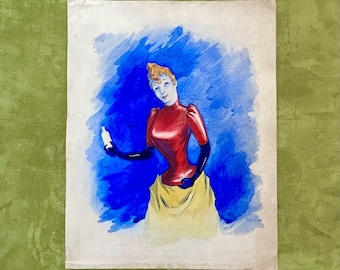 1920s French Art Nouveau Gouache Paris Cabaret Dancer Illustration Moulin Rouge Montmartre Antique Painting Toulouse Lautrec Style