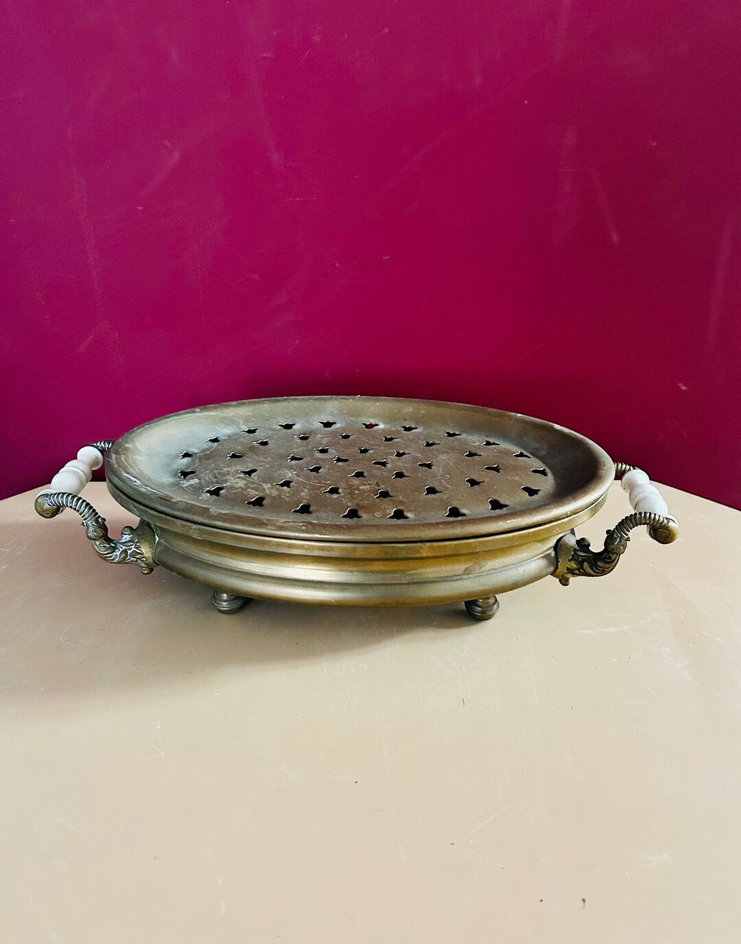 1920s French Antique Heavy Brass Plate Warmer. Dish Warmer. Antique Kitchen Decoration