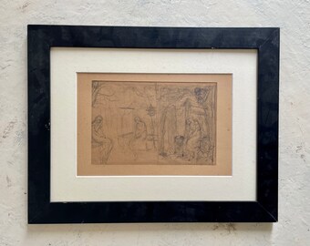 Lata 50. XIX wieku, niemiecki wielki mistrz Jakob Becker (1810-1872). Rysunek grafitowy na papierze. Możliwe studium malarstwa pasterskiego.