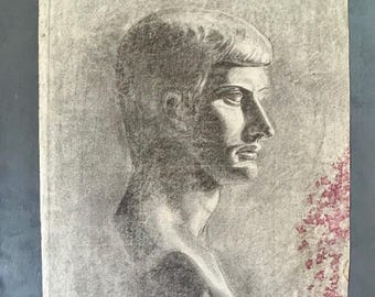 1890s French Antique pencil Charcoal drawing Roman young man portrait Academic art sketch