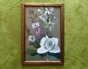 1920s French Gouache painting  Pink & white flowers Signed floral art on paper. Vintage framed still life. Antique wall decor Cottage style