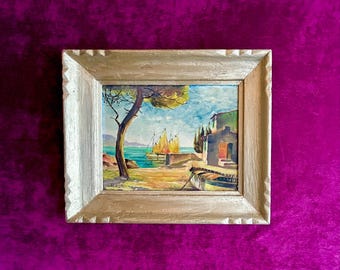 1930s French Oil Painting. Nautical art. Sailboats in the French Riviera. Seafront house.Beach house decor. Coastal seaside home decor.