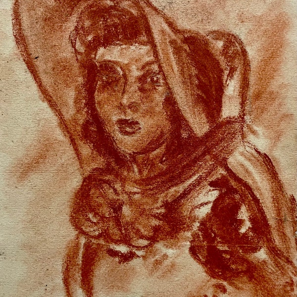 1940s French red pastel on paper. Parisian girl wearing hat and décolleté