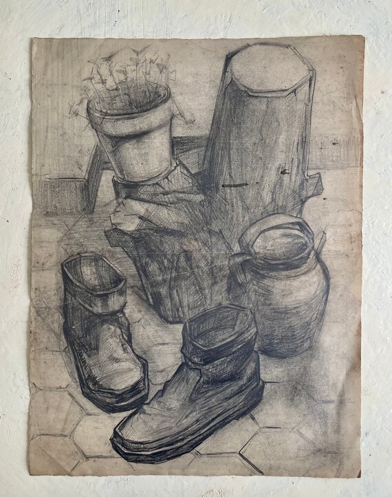 1890s French Graphite Drawing on Paper. Still Life With Shoes and