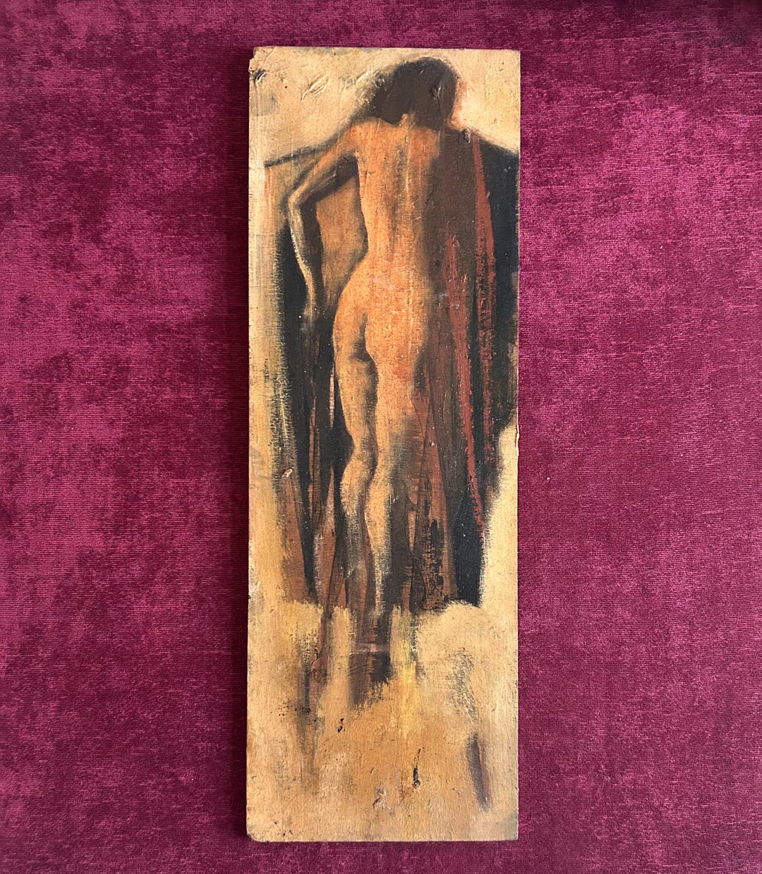 1920s French Expressionist Oil Painting on Wood. French Nude. Model With Red Cape Posing in the