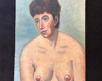 1940s French Antique Oil painting on thick paper. Nude of Southern French woman with dark short hair. 40s fashion. Listed Artist Jean Perret