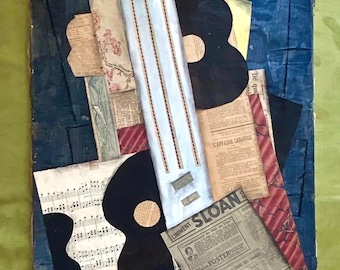 1930s French Cubist Still Life Painting Music Guitar Collage Picasso Style Antique Mixed Media Art Modernist Canvas Original