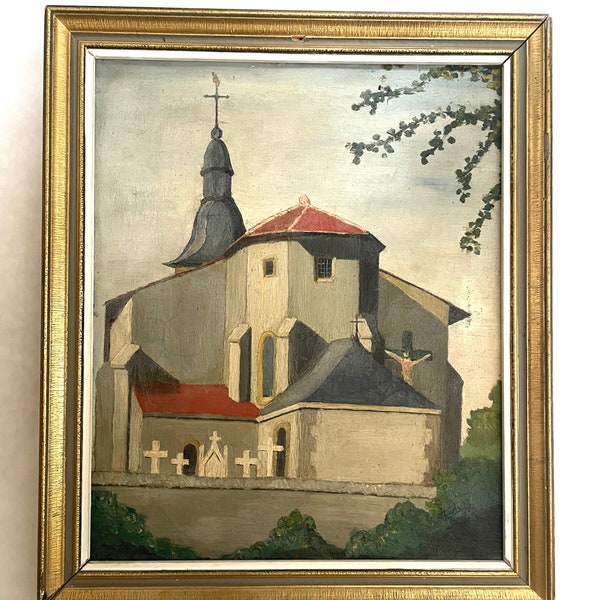 1920s French oil painting on canvas. Church of Merci-Le-Bas in the region of Meurthe-et-Moselle. Eastern France.