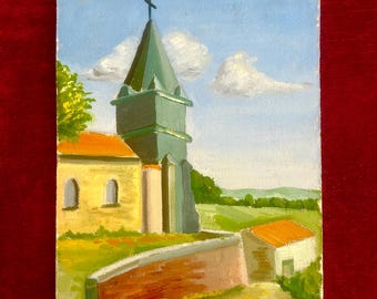 Huile sur panneau, peinture française des années 1940. Chapelle d'église en Bourgogne, France. Paysage. Vie à la campagne. Décoration de cottage. Décoration de ferme.