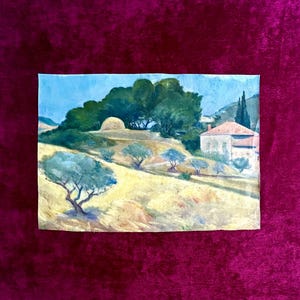 1930s French Oil Painting Provence Farmhouse Olive Trees Haystack Cypresses Unstretched Canvas Vintage Southern France Wall Art