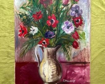 Peinture à l'huile française des années 40, anémones florales, nature morte signée, art mural antique, fleurs shabby chic, décoration de salon victorienne
