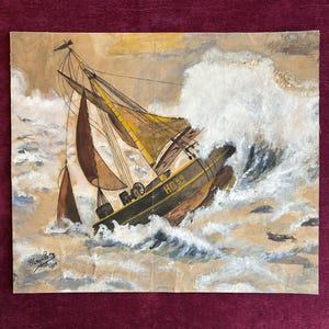 Pintura francesa de la década de 1920 en gouache sobre cartón. Océano Atlántico con un velero de pescadores en medio de la tormenta. Arte naval marino. Paisaje marino. Navegación.
