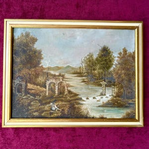 1850s French Antique Oil Painting on Canvas Riverscape with Ruins. Pastoral Landscape Wall Art. Cottagecore Country House Decore.