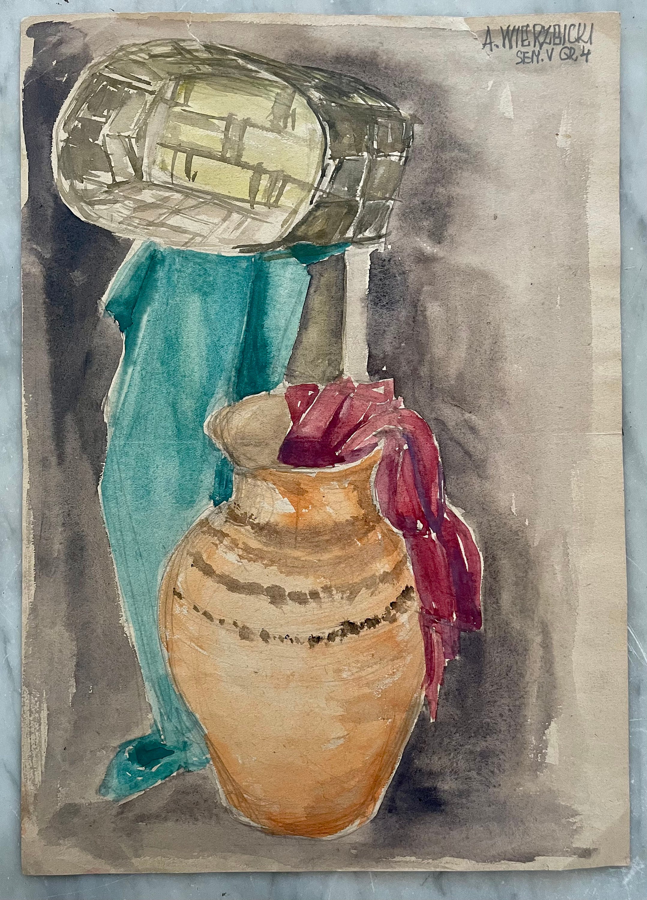 1940s French Antique Watercolor Painting on Paper. Still Life With