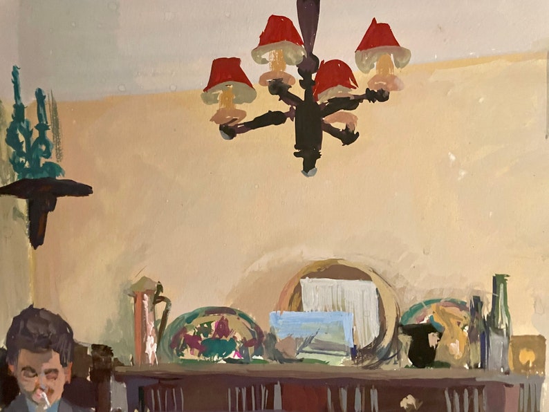 Pintura gouache francesa sobre papel de los años 40. Interior del estudio del artista en París. imagen 5