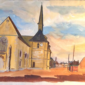 Dipinto ad acquerello francese su carta degli anni '20. Strada di un villaggio con chiesa in Francia. Postimpressionismo. Paesaggio.