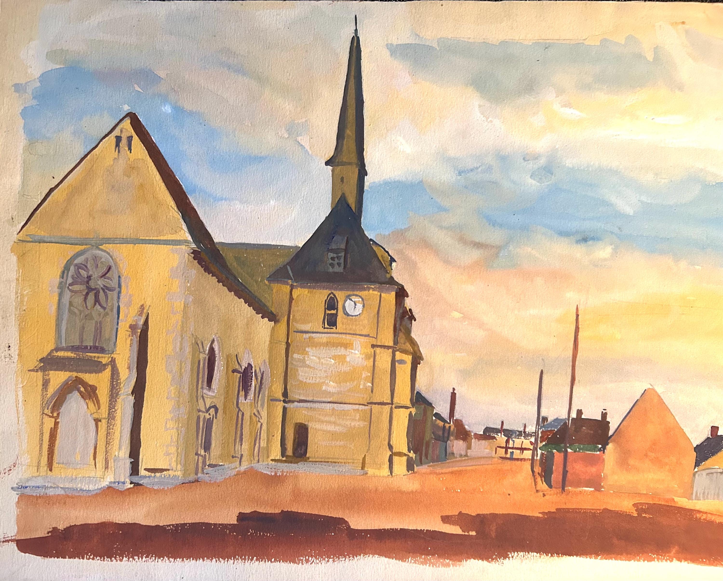 1920s French watercolor painting on paper. Village street with Church in France. Postimpressionism. Landscape.