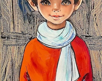 1960s French Big Eyes kitsch Art oil painting on canvas. In the school of Margaret Keane.