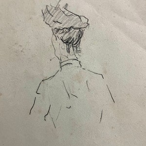 Disegno a grafite francese su carta del 1890. Moda antica a Parigi. Studio di un cappello da donna.
