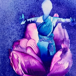 1980s French Vintage New Age watercolor painting on paper. Inspirational.